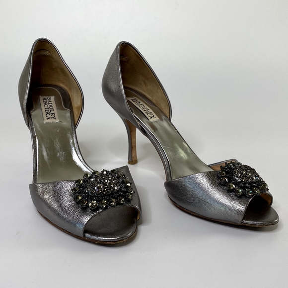 BADGLEY MISCHKA Silver Leather Peep Toe Heels Sz 10 - Picture 5 of 14